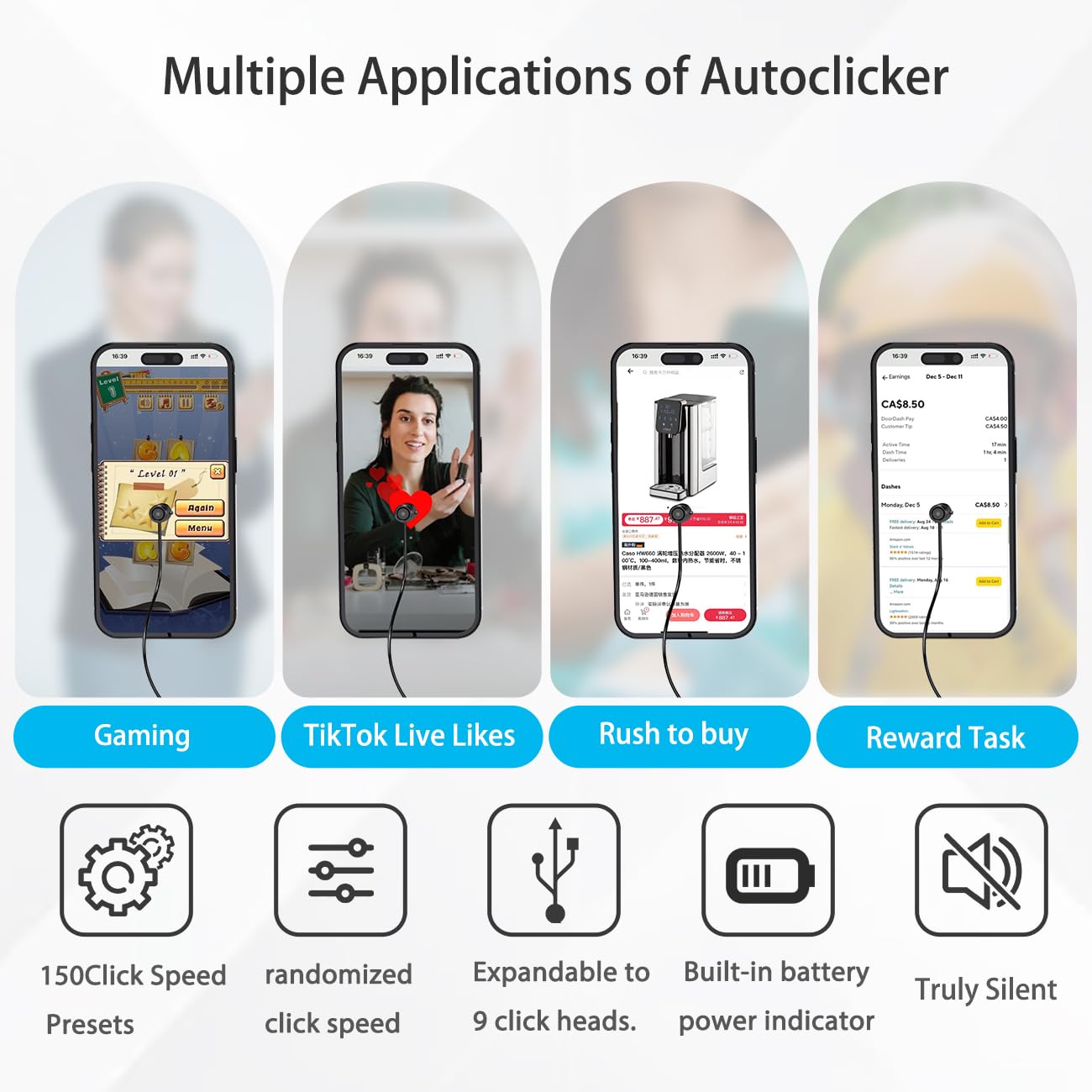 Condition photo showing New/Like New for x2pro smartphone auto clicker: 150 adjustable speeds | built-in battery | expandable to 9 click heads | random speed mode | for tiktok live likes, mobile gaming (two clicking tips)