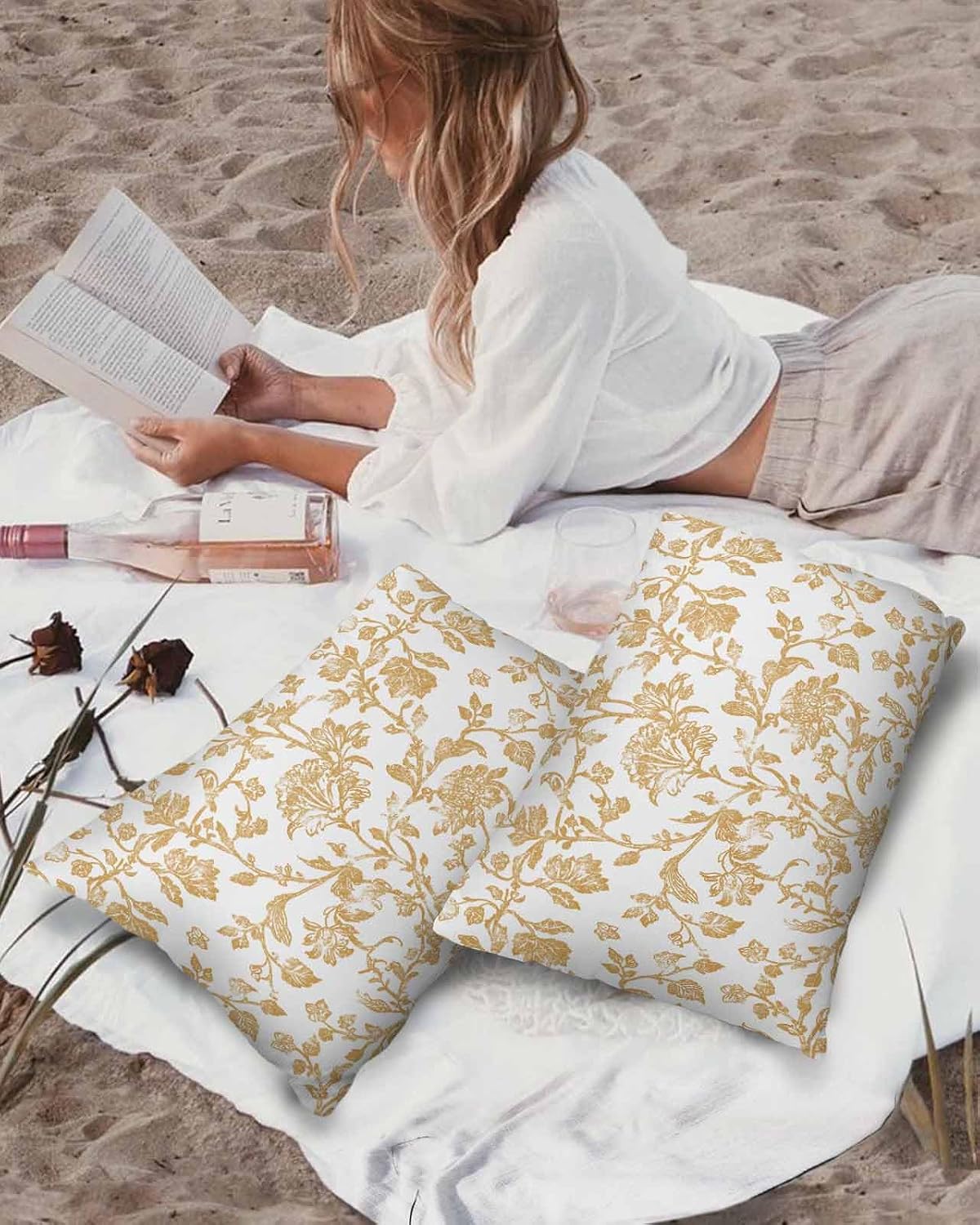 Outdoor Waterproof Pillow Covers French Country Retro Floral Decorative Throw Pillow Protectors, Ginger Seamless Flower Pillowcase Cushion Cases for Patio Sofa Garden Couch,20x12IN,Pack of 2