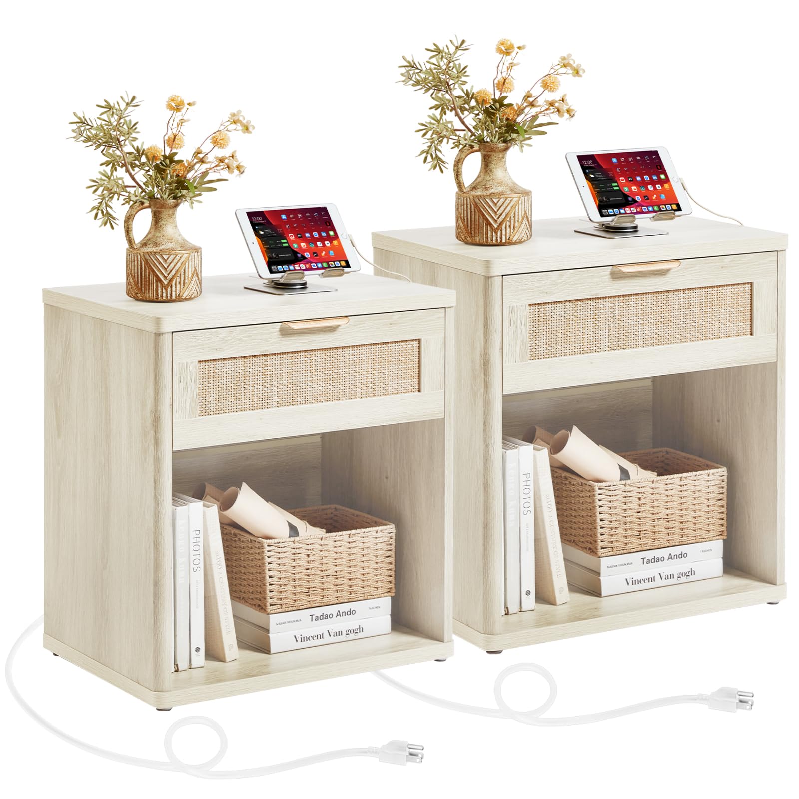 LEYAOYAO Rattan 23" Nightstands Set of 2 with Charger for Bedroom