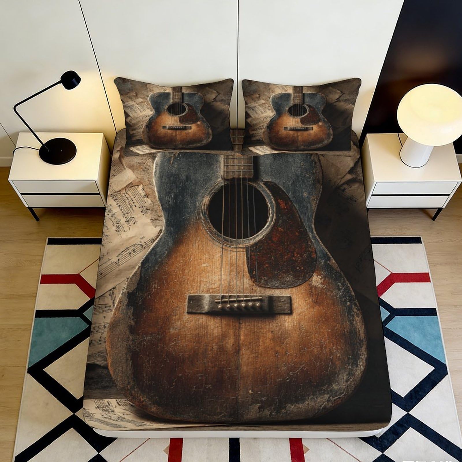 3D Printed Vintage Guitar Fitted Sheet Microfiber Soft Brown Acoustic Music Note Mattress Cover Bedroom Decor 90x200x25cm