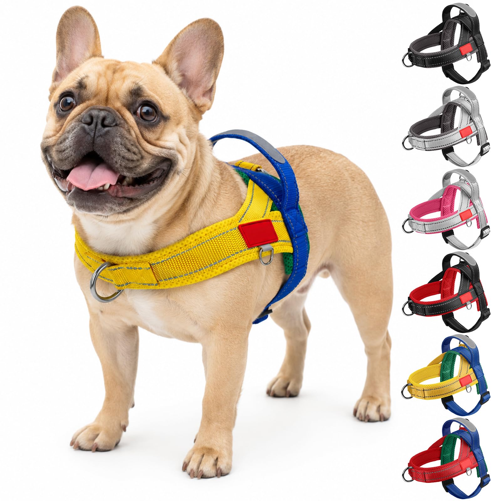 Olcyren No Pull Dog Harness, Reflective Adjustable Anti Pull Dog Harness with Front Back Clips, No-Choke Soft Padded Puppy Harness with Handle for Small Medium Dogs Walking (Blue Yellow, M)