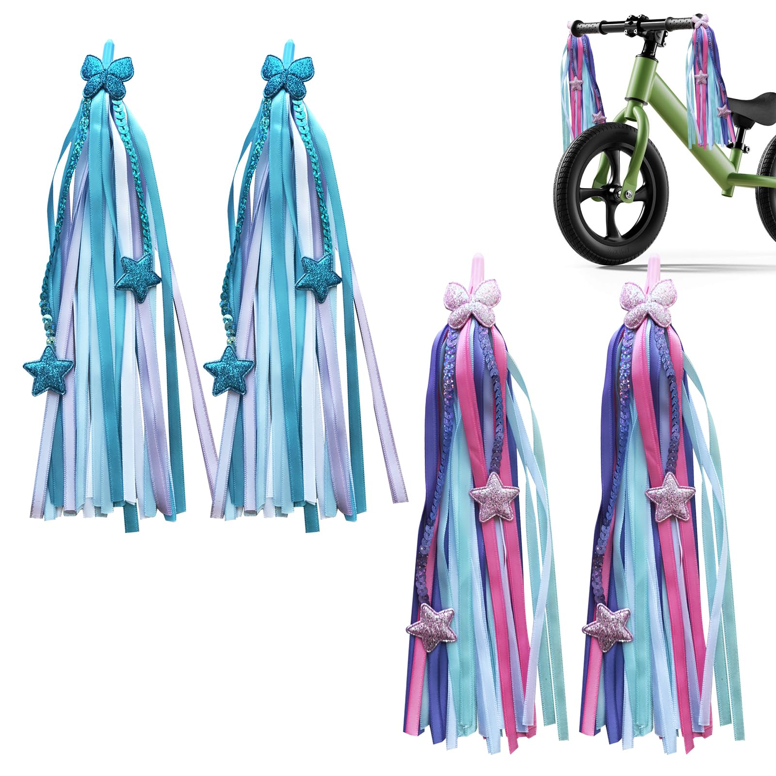 4 PCS Colorful Bike Tassels for Girls Boys, Kids Bike Accessories, Bike Streamers, 25cm/9.8" Long Bicycle Scooter Tricycle Decorations, Easy Plug-in Grips (Pink and Blue)