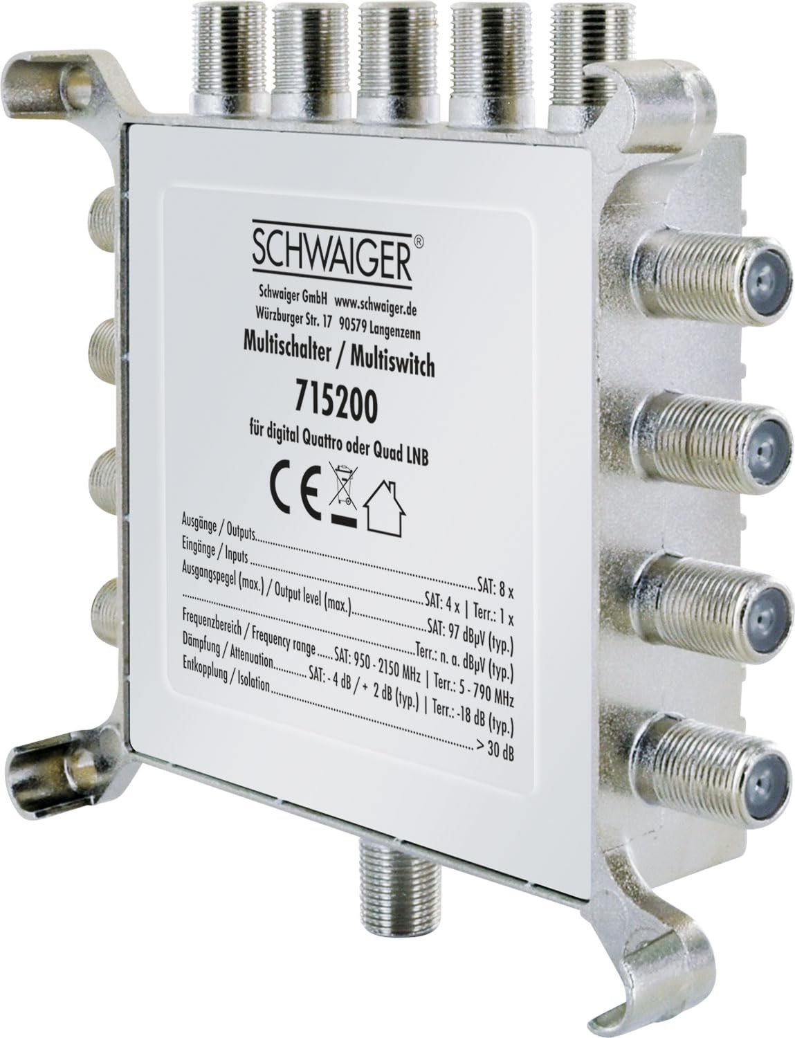 SCHWAIGER 5200 Distribuidor Sat Multiswitch Repartidor Sat de 8 vías Digital Distribuidor Sat Multiswitch de 8 vías con Fuente de alimentación Externa