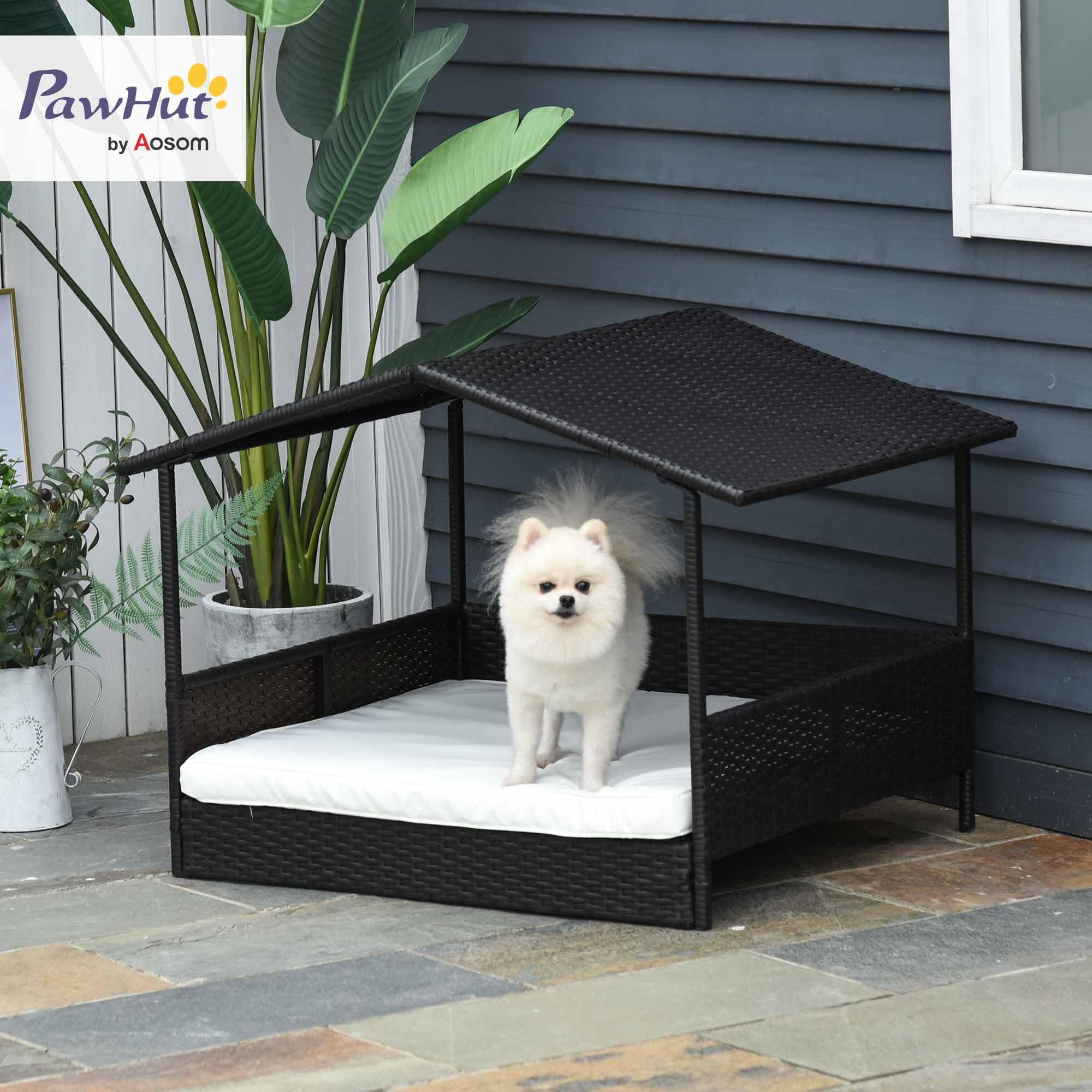 Pawhut Cuccia per cani con cuscino, letto per cani a forma di casa, casa per esterni, telaio in acciaio, PP Rattan, nero, 95 x 69 x 70 cm