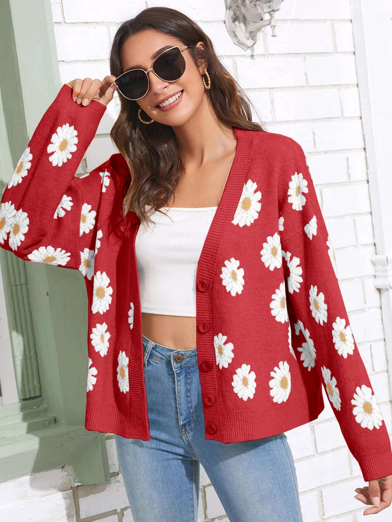 Women's Floral Print Cardigan Long Sleeve Open Front Button Down V Neck Knitted Sweaters