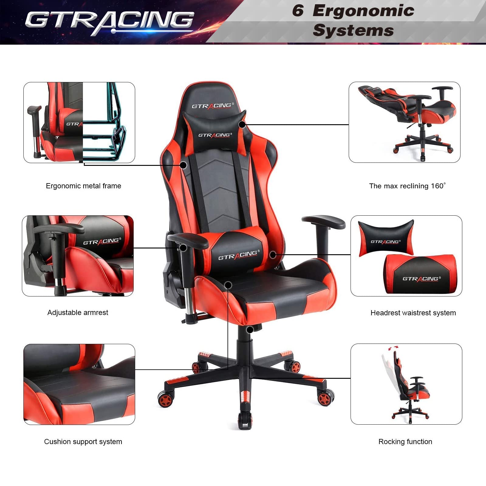 Gtracing Gaming Chair Racing Office Computer Game Chair Ergonomic Backrest And Seat Height Adjustment Recliner Swivel Rocker With Headrest And Lumbar Pillow E Sports Chair Red Amazon Sg Home