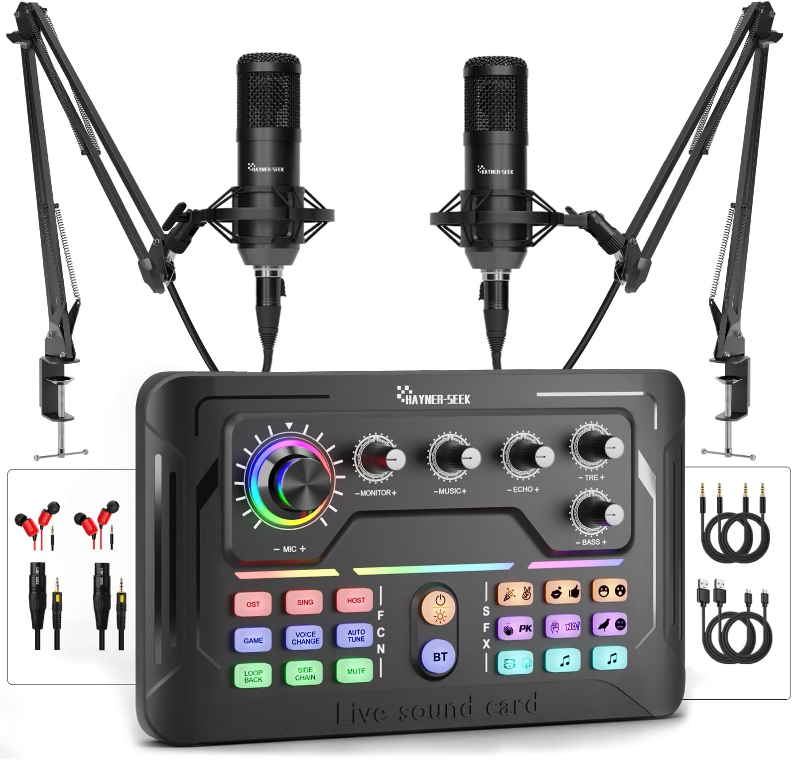 Podcast Equipment Bundle for 2, Audio Mixer with 3.5mm Podcast Microphone, Voice Change DJ Mixer for Live Streaming Singing Gaming (P900)