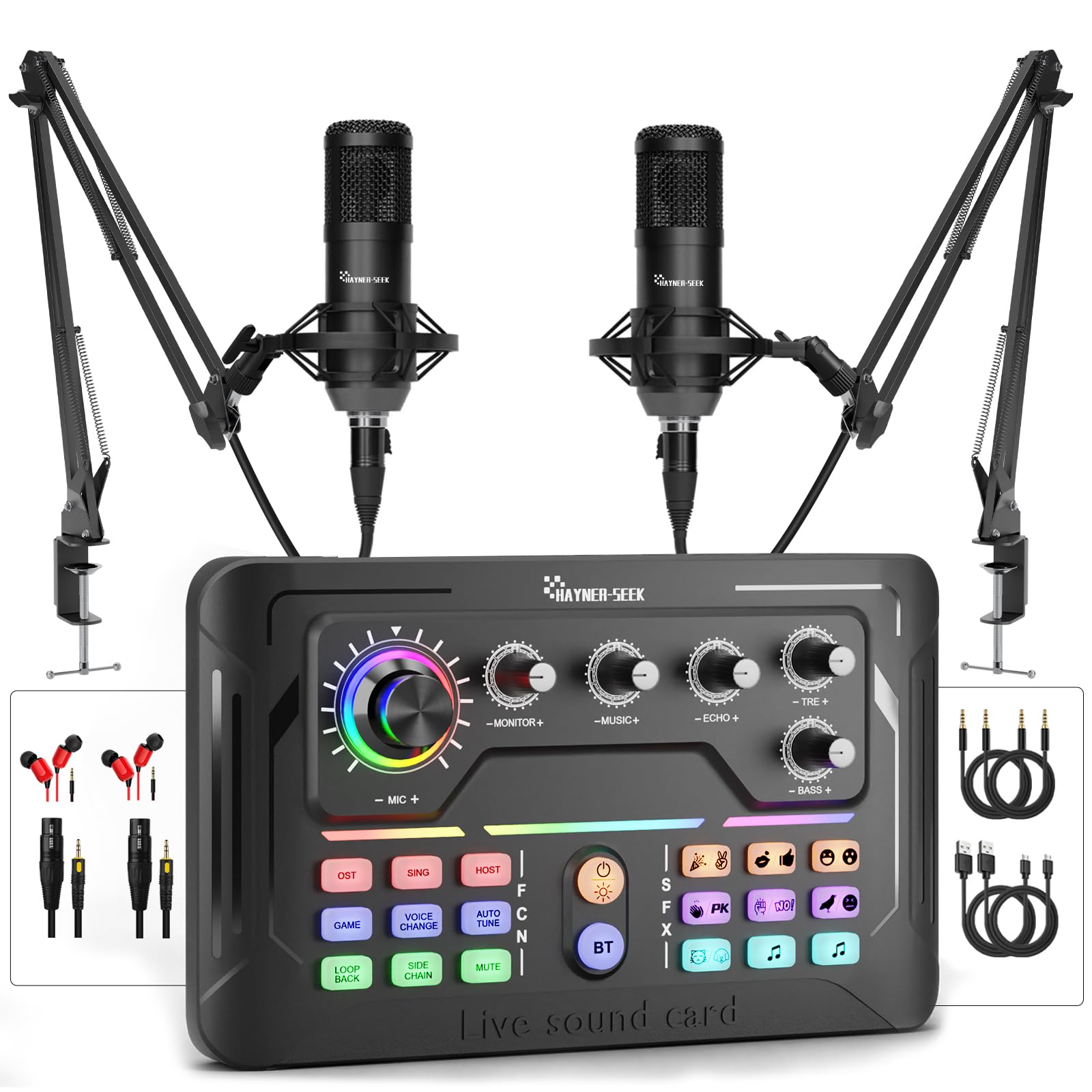 Podcast Equipment Bundle for 2, Audio Mixer with 3.5mm Podcast Microphone, Voice Change DJ Mixer for Live Streaming Singing Gaming (P900)