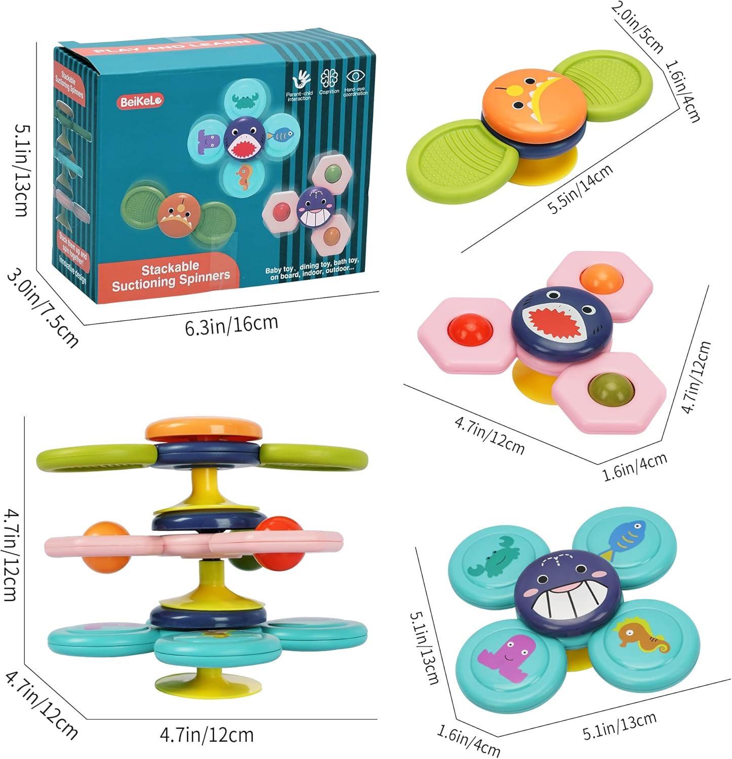 Suction Cup Spinner, 3PCS Cartoon Baby Bath Toys for 3 Year Old Boys Girls Early Learner Toy with Rotating, Rattle & Teether Dimple Fidget Spinners Gift for Months Toddler Toys