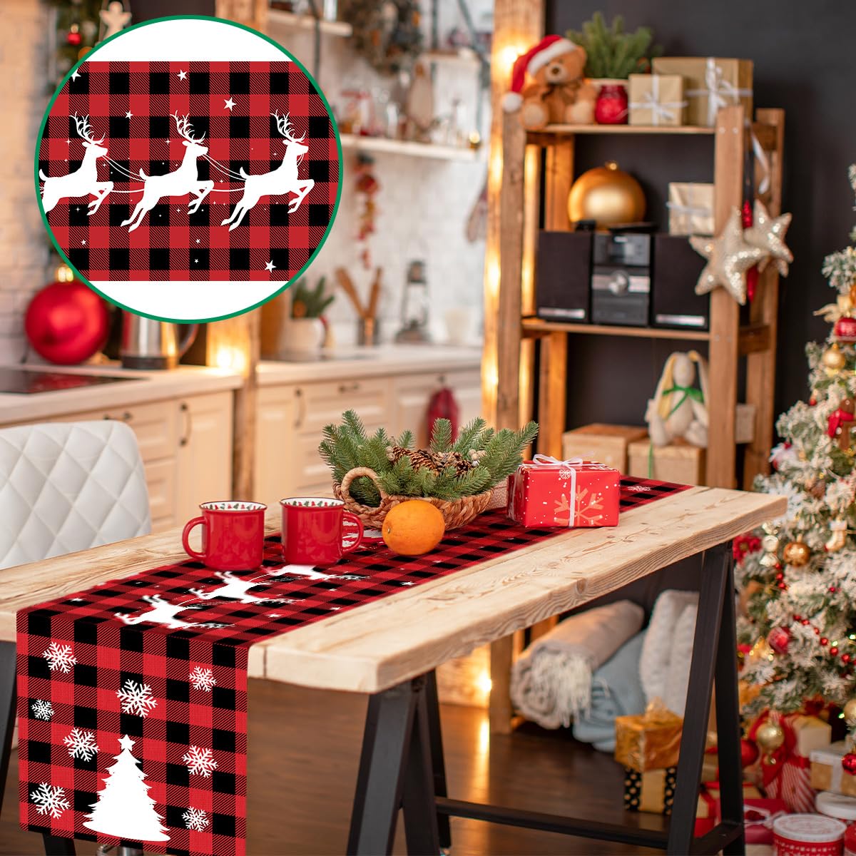 Tischläufer Christmas (32x180 Cm) – Design Mit Hirschen, Weihnachtsbäumen & Schneeflocken In Rot | Aus Leinen-Baumwolle, Mit Quasten
