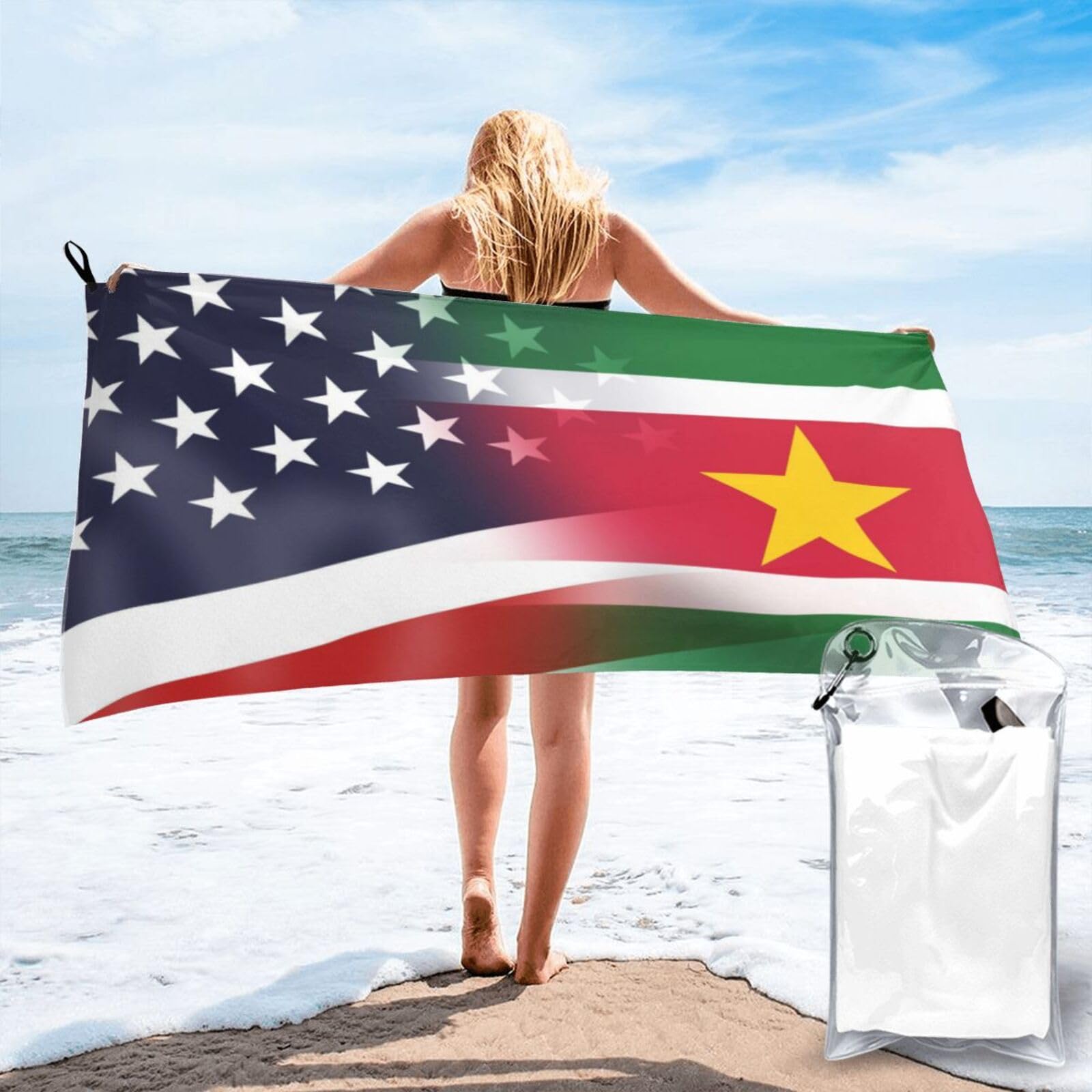 HACXZ Funny America Flag and Suriname Flag Absorbent Beach Towel Microfiber Beach Shower Towel 31.5"X63"