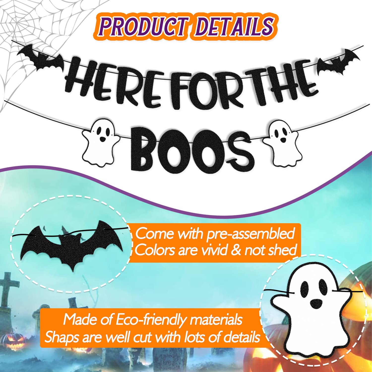 Here For The Boos Halloween Banner - Black Glitter Bat Party Decorations