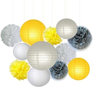 Fascola 12 pcs White Yellow Grey 10inch 8inch Tissue Paper Pom Pom Paper Lanterns Mixed Package for Lavender Themed Party Bridal Shower Decor Baby Shower Decoration