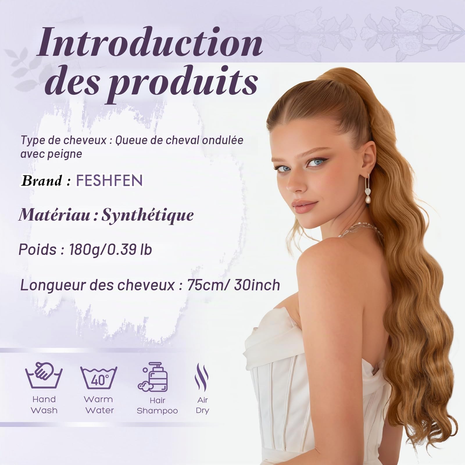 FESHFEN Ondulés Queue de Cheval Extension avec Cordon, 75cm Longue Ponytail Cheveux Naturel Peigne Clip in Postiche Cheveux Synthétique Blond Fraise Extension Cheveux pour Femmes