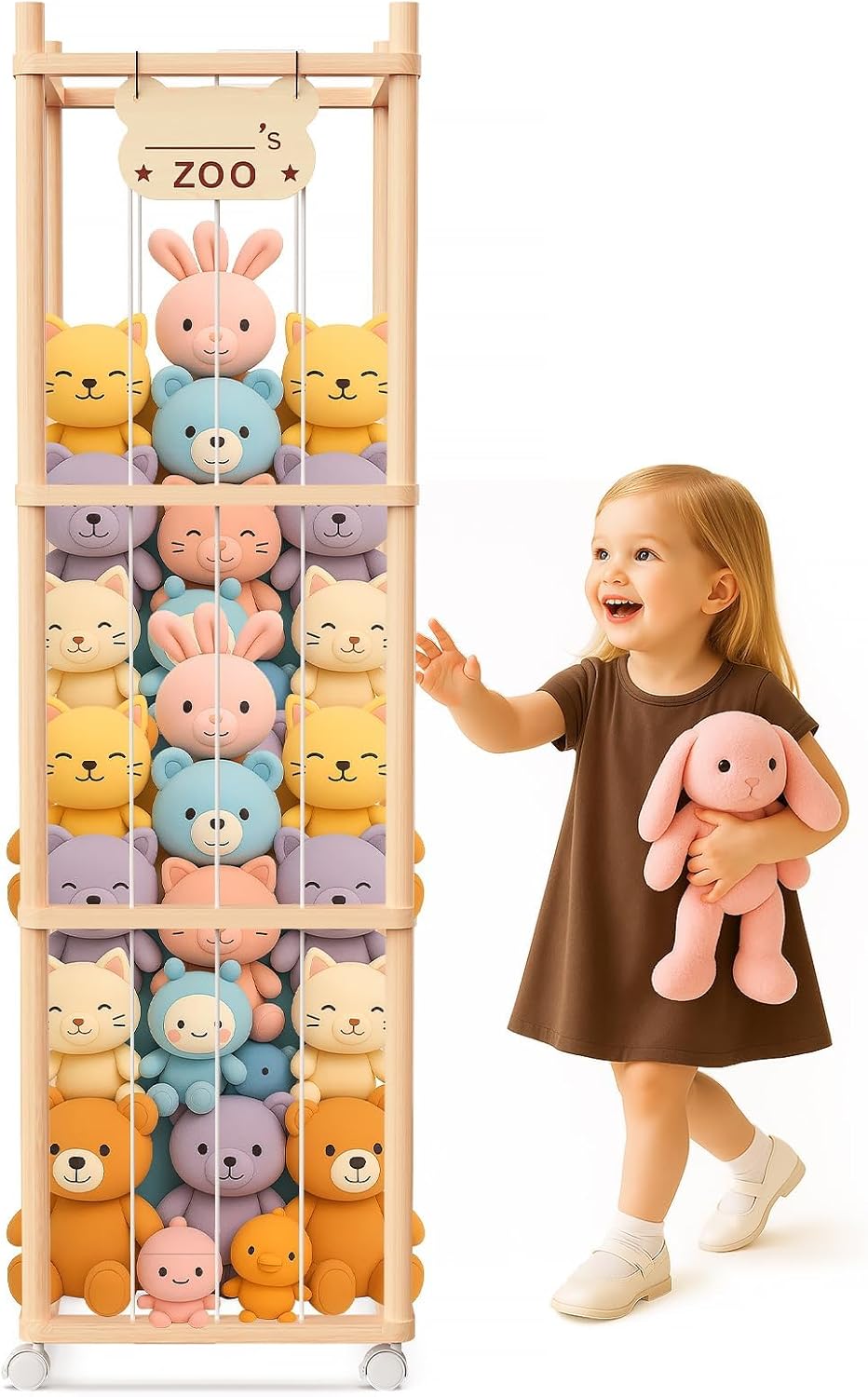 Stuffed Animal Storage & Organizer, Wooden Stuffed Animal Holder, Plushies Storage with Wheels, Stuffed Animal Zoo for Toddler Rooms, Playrooms & Bedrooms, 53.54" x 15.74" x 15.74"