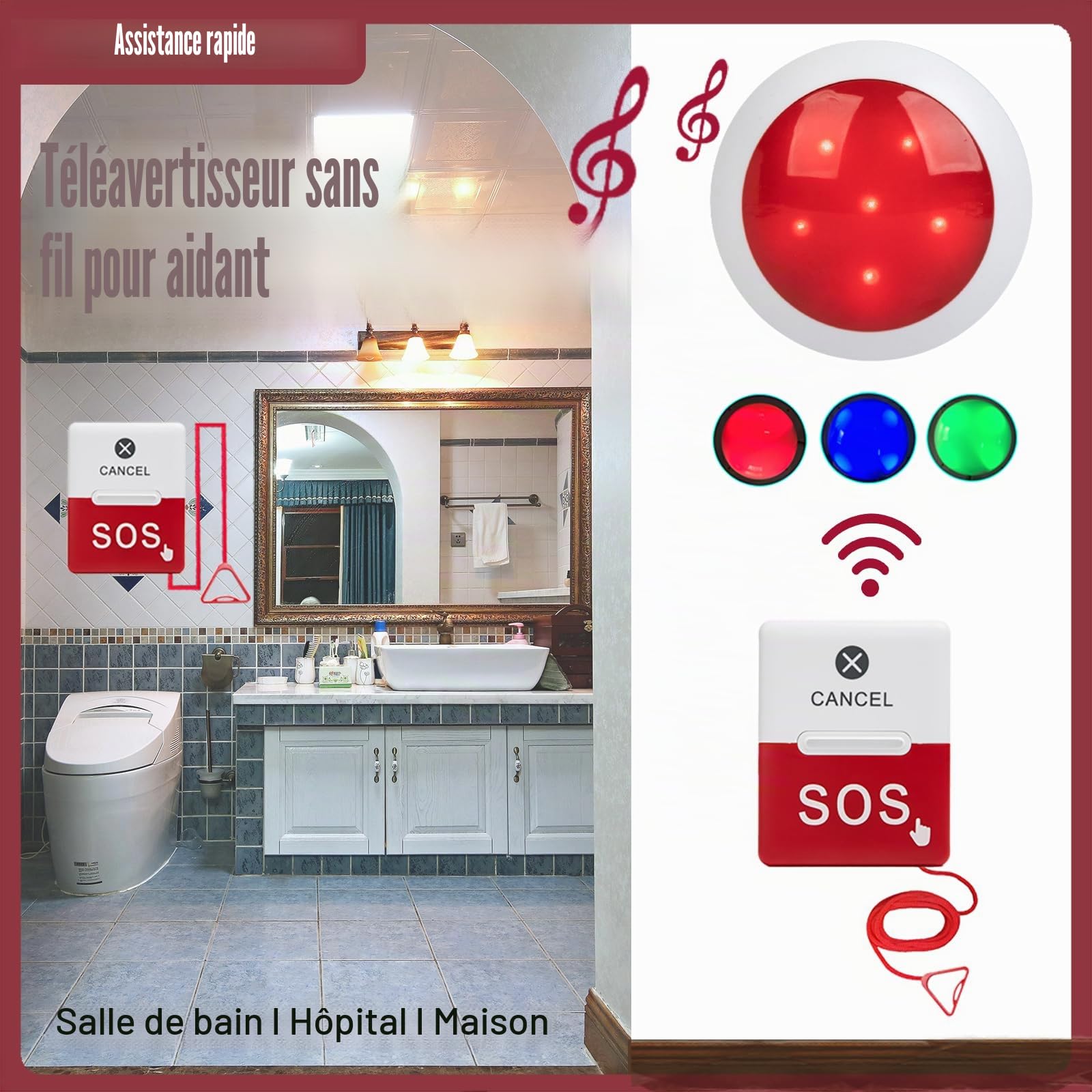 SOS Alarme pour Toilettes, Sanitaires et Salle de Bains – Système d’Appel d’Urgence pour Personnes handicapées, PMR, Malades – Idéal pour Maison, EHPAD, Magasin (1x Sonnerie +1x Bouton à cordelette)