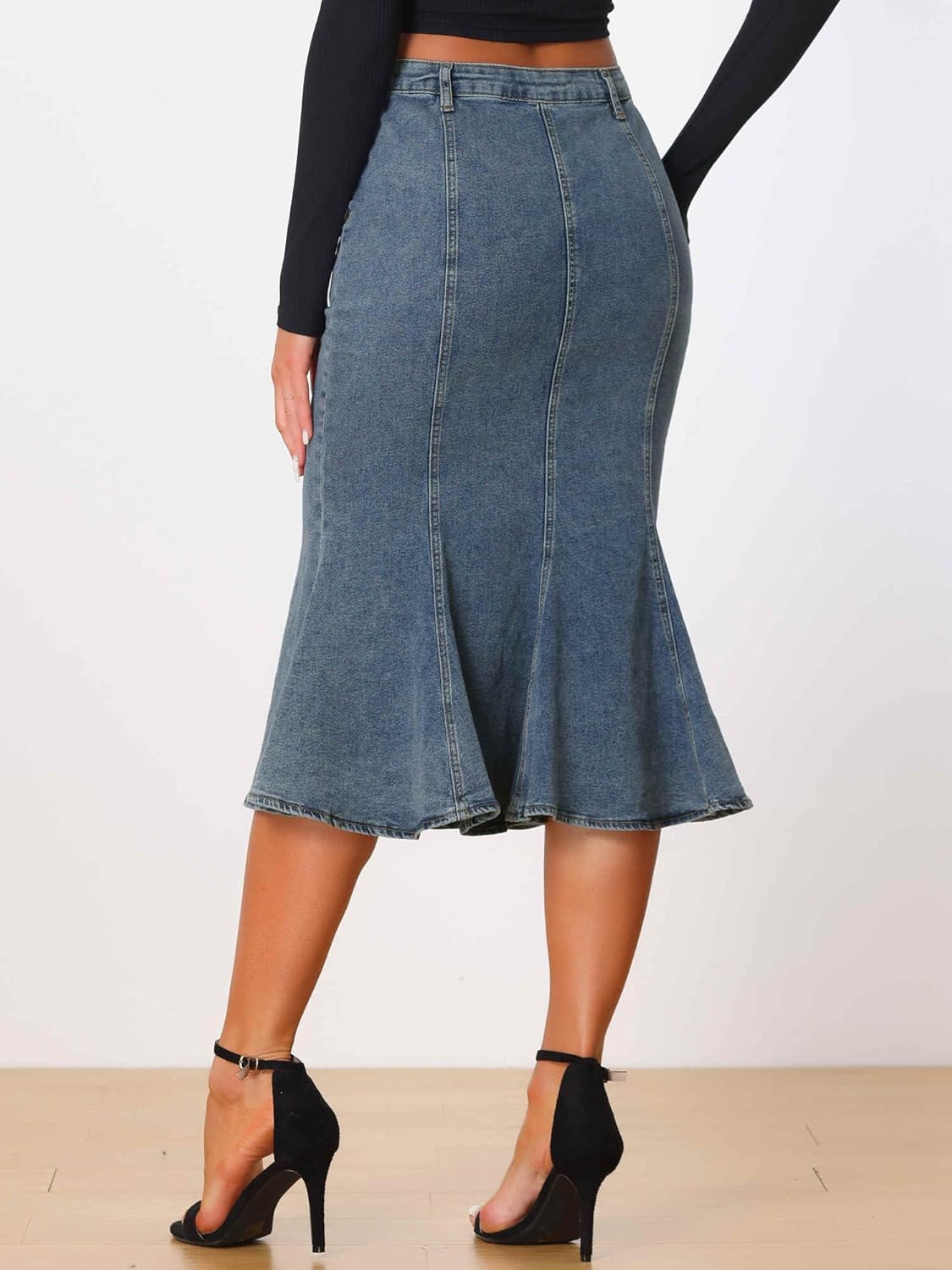 Allegra K Denim Skirt for Women's Washed High Waisted Fishtail Midi Jean Skirts - Image 2