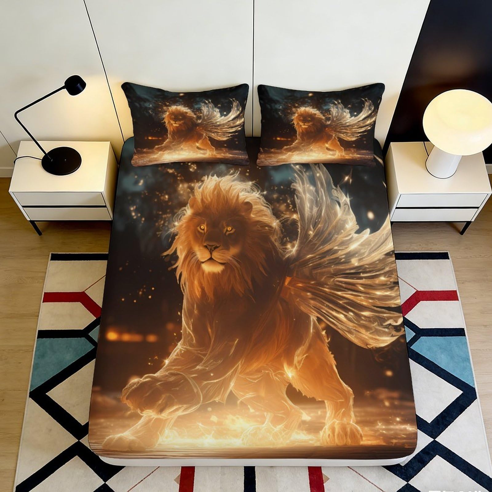 3D Printed Golden Lion Wings Fitted Sheet Microfiber Soft Bed Cover for Bedroom Dorm Mattress Protection Decor 90x200x25cm