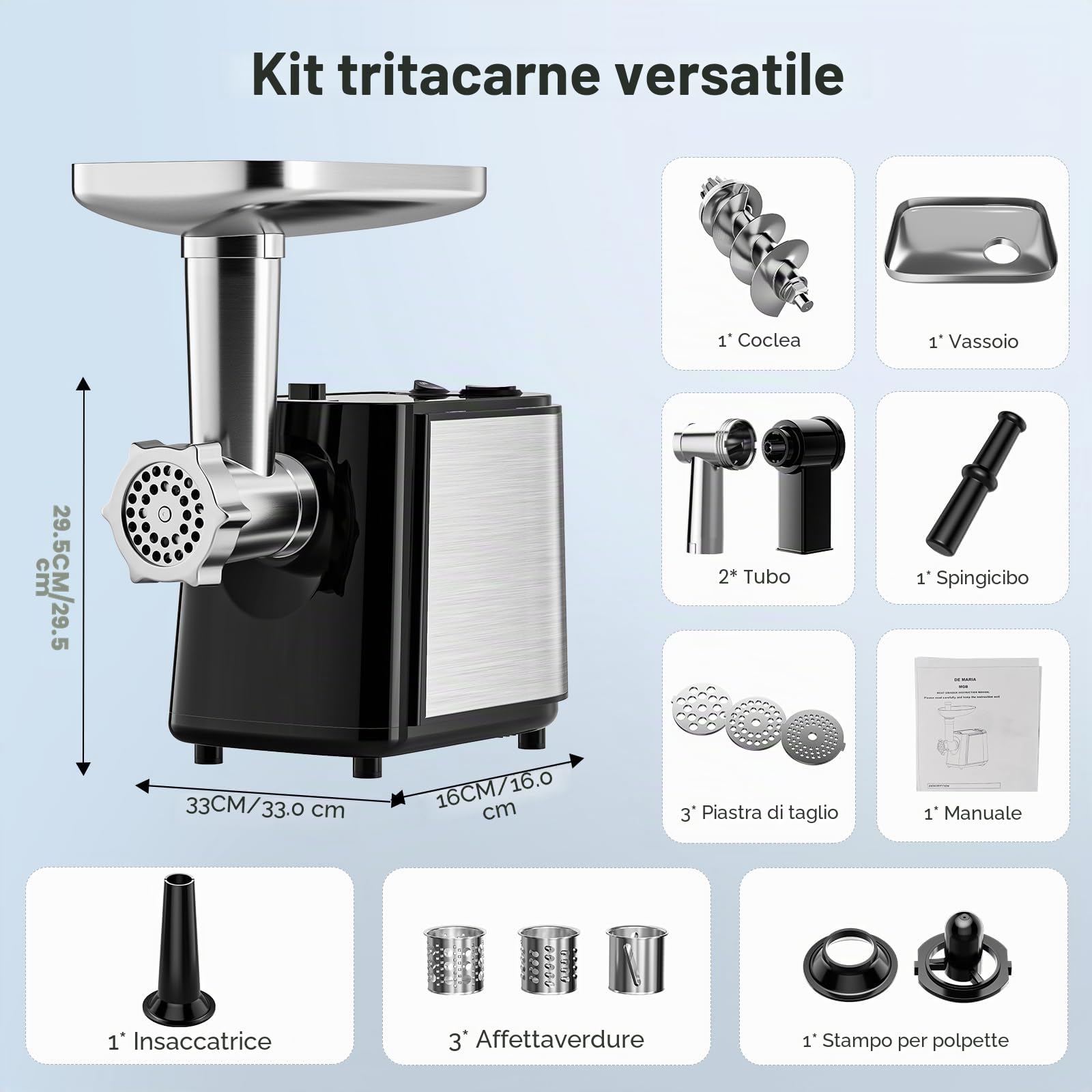Tritacarne elettrico da 2000 W 5 in 1 - Insaccatrice professionale, tritatutto per verdure, grattugia per insalata e formaggio con 8 accessori, materiale di qualità alimentare per la cucina di casa