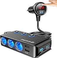 EUGIZMO 222W 8-in-1 Car Cigarette Lighter Adapter: 3 Sockets, PD 30W USB Ports, LED Voltage Display, Independent Switches for 12V/24V Vehicles