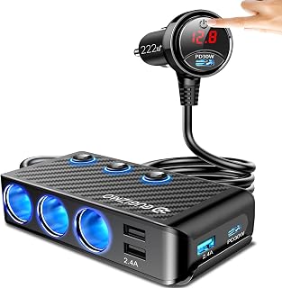 EUGIZMO 222W 8-in-1 Car Cigarette Lighter Adapter: 3 Sockets, PD 30W USB Ports, LED Voltage Display, Independent Switches for 12V/24V Vehicles
