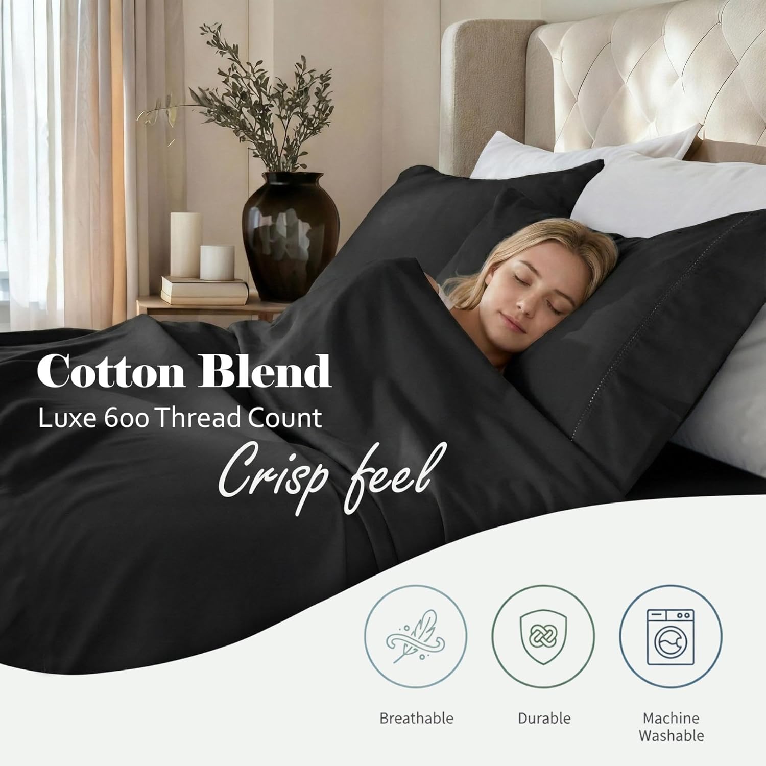 Superior Cotton Blend 600 Thread Count Sheet Set, Embroidered Hem Sheets, Bedroom Essentials, Crisp Hotel Feel, Includes 1 Deep Pocket Fitted Sheet, 1 Flat Sheet, 1 Pillowcase, Twin, Black