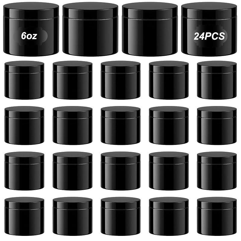 Dandat Pacote com 24 frascos pretos de plástico PET com tampas e etiquetas, 180 mL