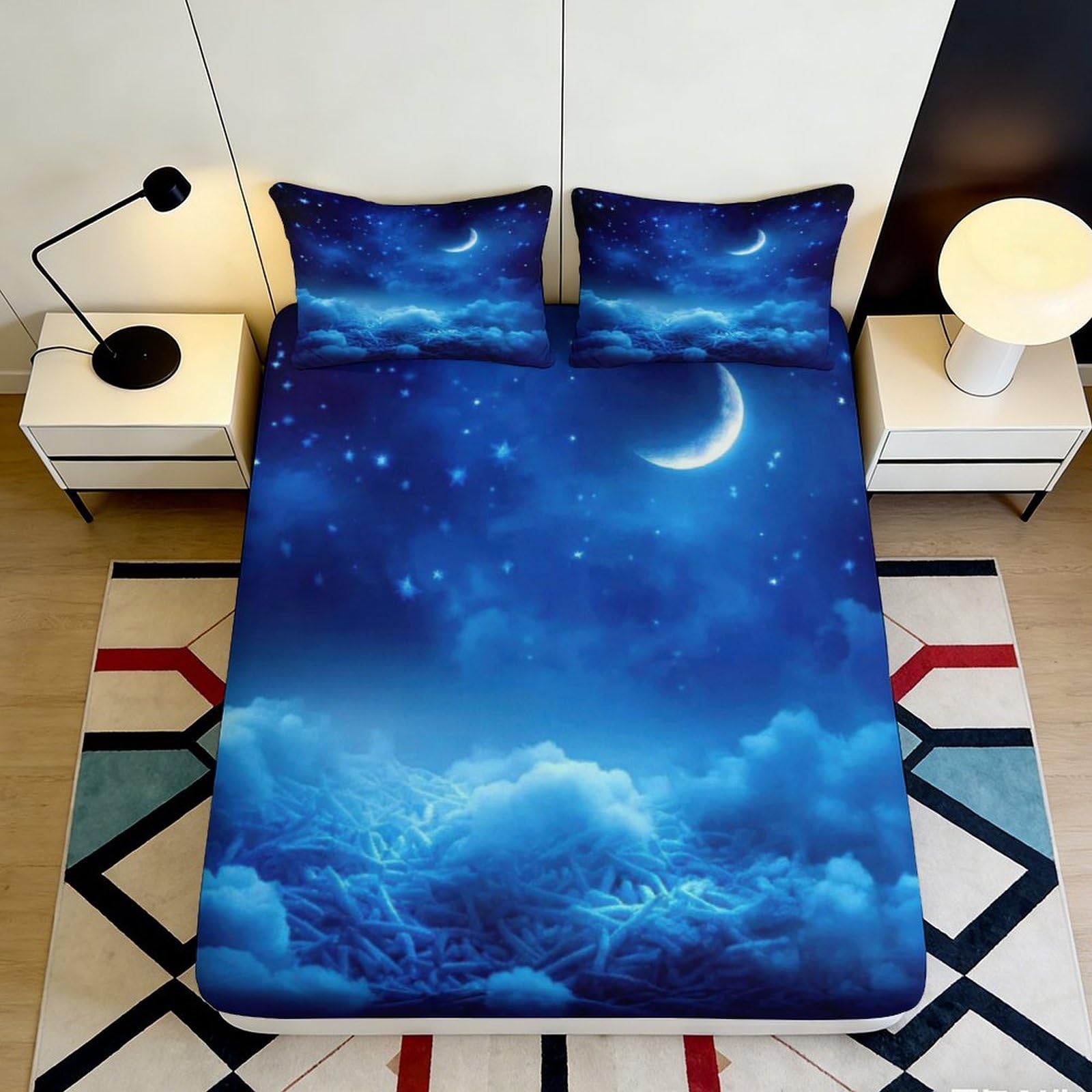 3D Printed Moonlit Night Fitted Sheet Microfiber Deep Blue Starry Sky Mattress Cover for Bedroom Home Decor 90x200x25cm