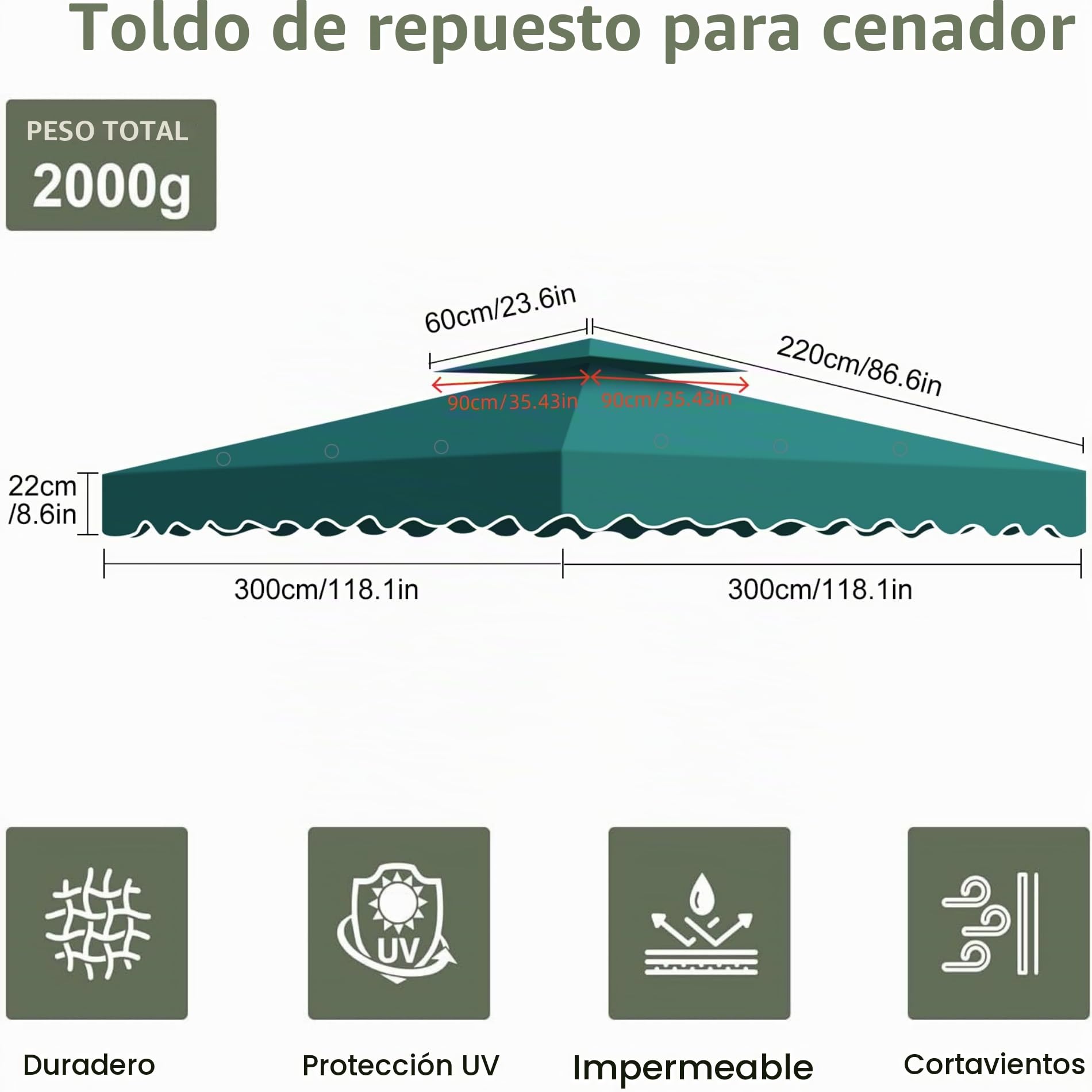 Toldos Pergola Recambio 3x3M, Techo Carpa de Repuesto para Cenador de Jardín con Ventilación, 2 Niveles Cubierta de Repuesto para Pergolas de Jardin Exteriores para Camping, Playa, Barbacoa Gazebo