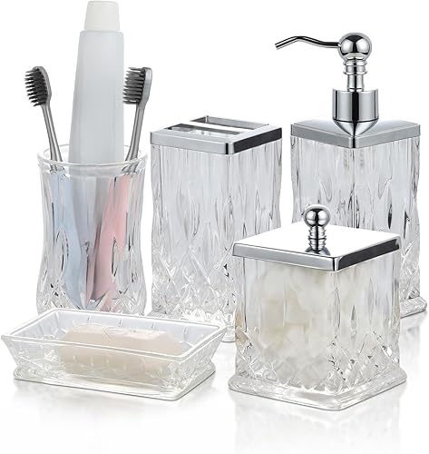 PYZX-HOME Juego de accesorios de baño de vidrio, juego de accesorios de baño de 5 piezas de vidrio de lujo, incluye dispensador de loción, jabonera,