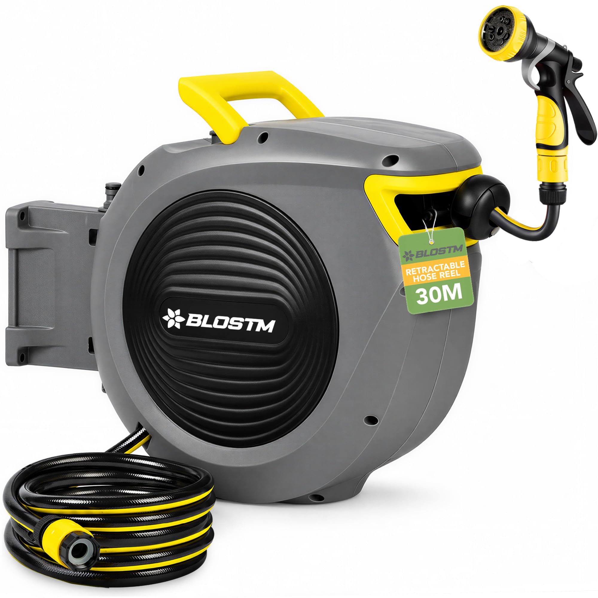 BLOSTM Retractable Garden Hose Reel 30m - Wall Mounted Hose Reel