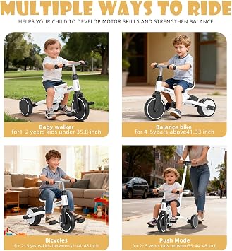 KORIMEFA Tricycle for 1-3 Years Old, 5 in 1 Balance Bike with Push Handle, Adjustable Seat, Removable Pedals, Toddler Trike for Boy & Girl, White