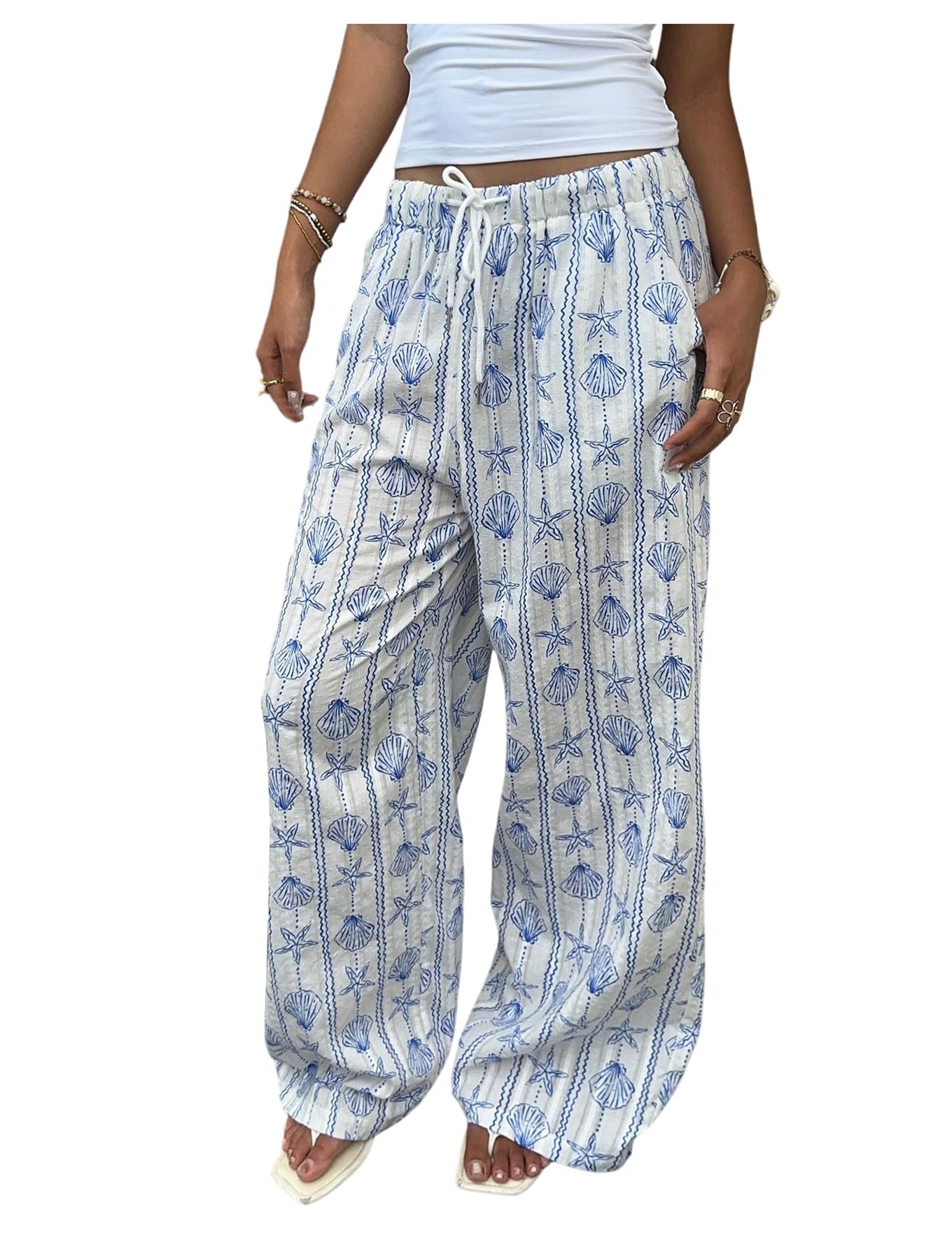Milumia Womens Seashell Drawstring Elastic Waist Pants Wide Leg Loose Beach Vacation Palazzo Lounge Trousers