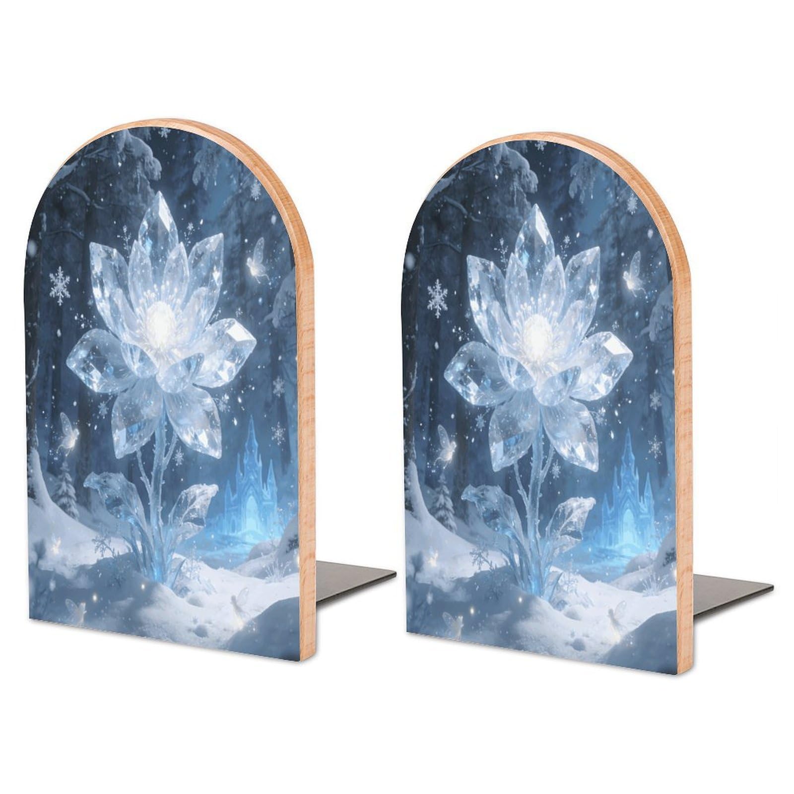 Sujetalibros de madera flores de hielo y soporte de metal resistente para estanterías