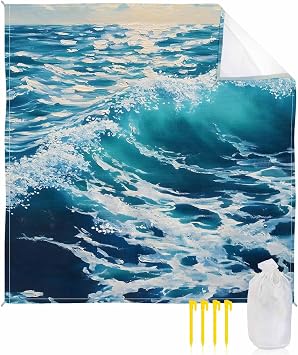 Abstract Ocean Wave Beach Blanket Waterproof Sandproof, Impressionist Blue Marine Beach Mat Quick Drying Outdoor Picnic Mat 118" x 108" for 1-8 Adults, Essentials for Travel Camping Hiking