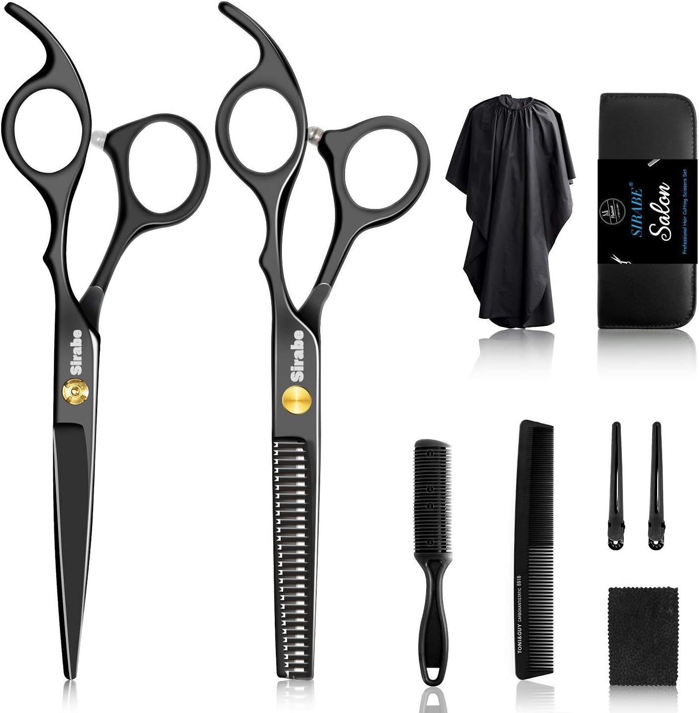 Sirabe 10 PCS Hair Cutting Scissors Set, Professional Haircut Scissors Kit with Cutting Scissors, Thinning Shears, Comb, Cape, Clips, Black Hairdressing Texturizing Shears Set for Barber, Salon, Home