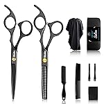 Sirabe 10 PCS Hair Cutting Scissors Set, Professional Haircut Scissors Kit with Cutting Scissors, Thinning Shears, Comb, Cape, Clips, Black Hairdressing Texturizing Shears Set for Barber, Salon, Home