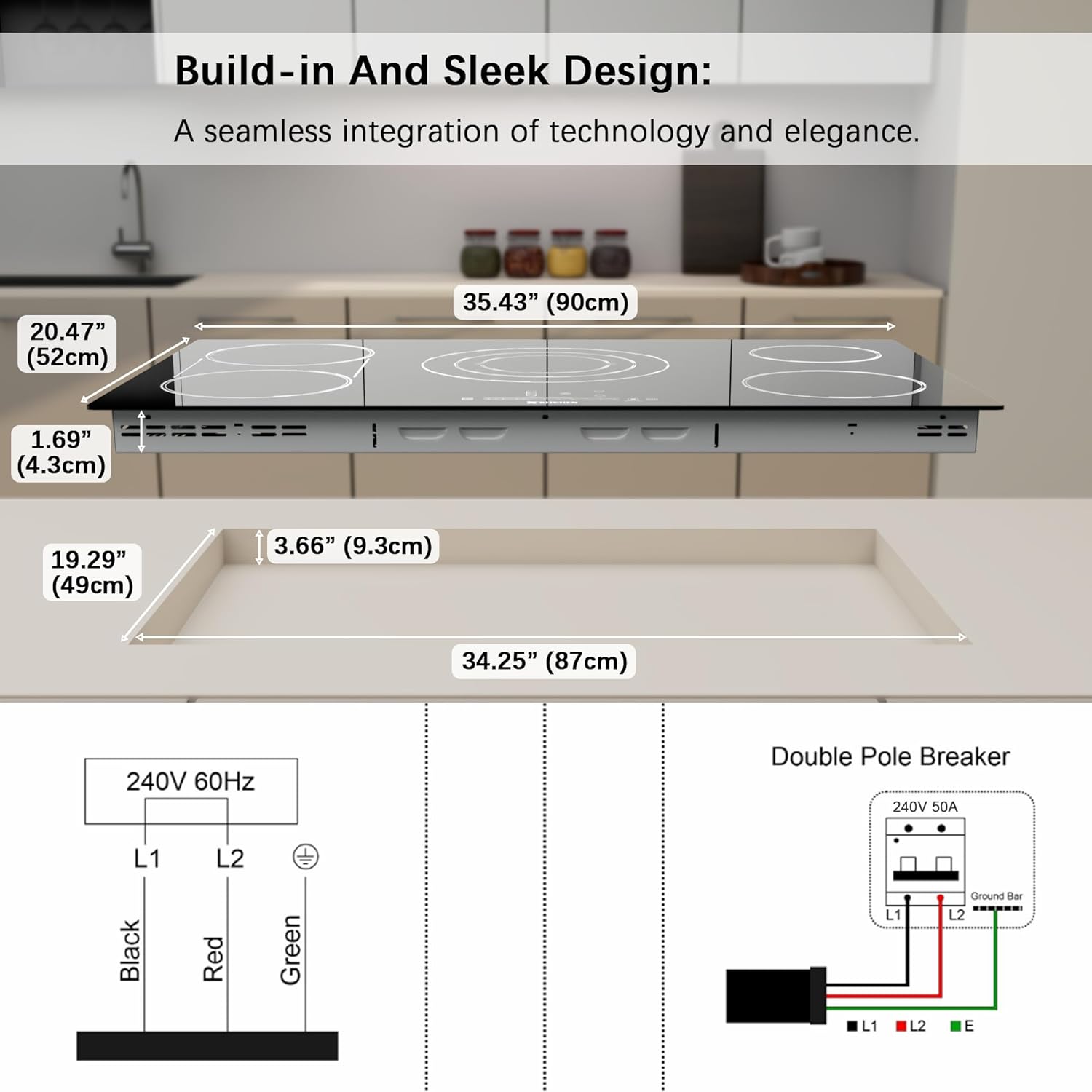 Electric Cooktop 36 Inch Ceramic Stove - 5 Burners Built-in 220-240V Black Cooktop, Touch Control, Child Lock, 9 Power Levels, Timer (9200W)