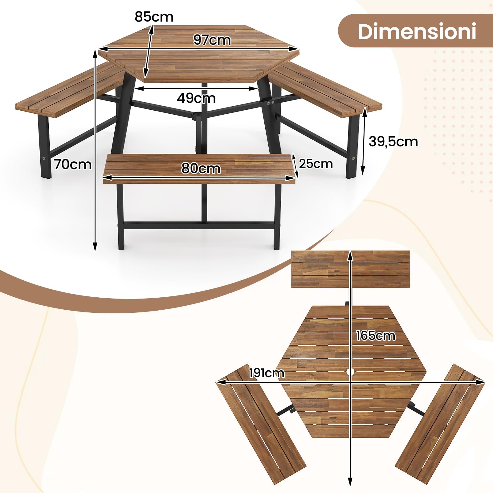 RELAX4LIFE Tavolo da Picnic per 6 Persone in Legno di Acacia con Panchine Incorporate, Set da Tavolo da Pranzo Esterno con Foro per Ombrellone e Struttura in Metallo per Patio, Giardino, Bordo Piscina
