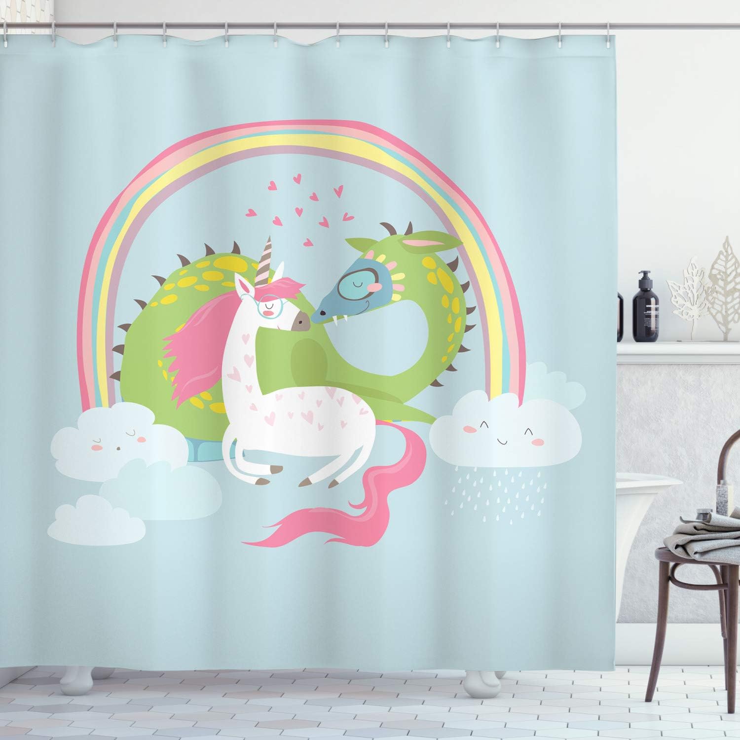 Ambesonne Fantasy Shower Curtain, Love of Dragon and Unicorn Couple Romance Flirting Cartoon, Cloth Fabric Bathroom Decor Set with Hooks, 69" W x 70" L, Pale Blue Pale Pink