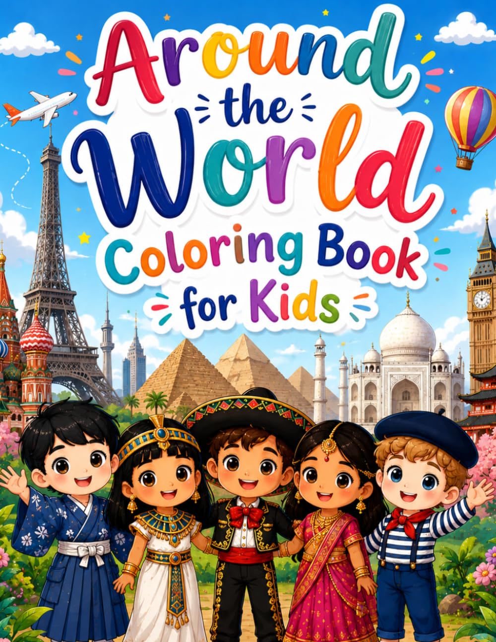 Around the World Coloring Book for Kids Ages 3-8: 74 Fun and Easy Travel Coloring Pages Featuring Famous Landmarks, Cultures, Animals, Foods & Places Around the World