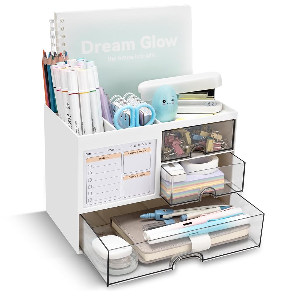 QIYVLOS Desk Organizer with 3 Drawer, Multi-Functional Pencil Pen Holder