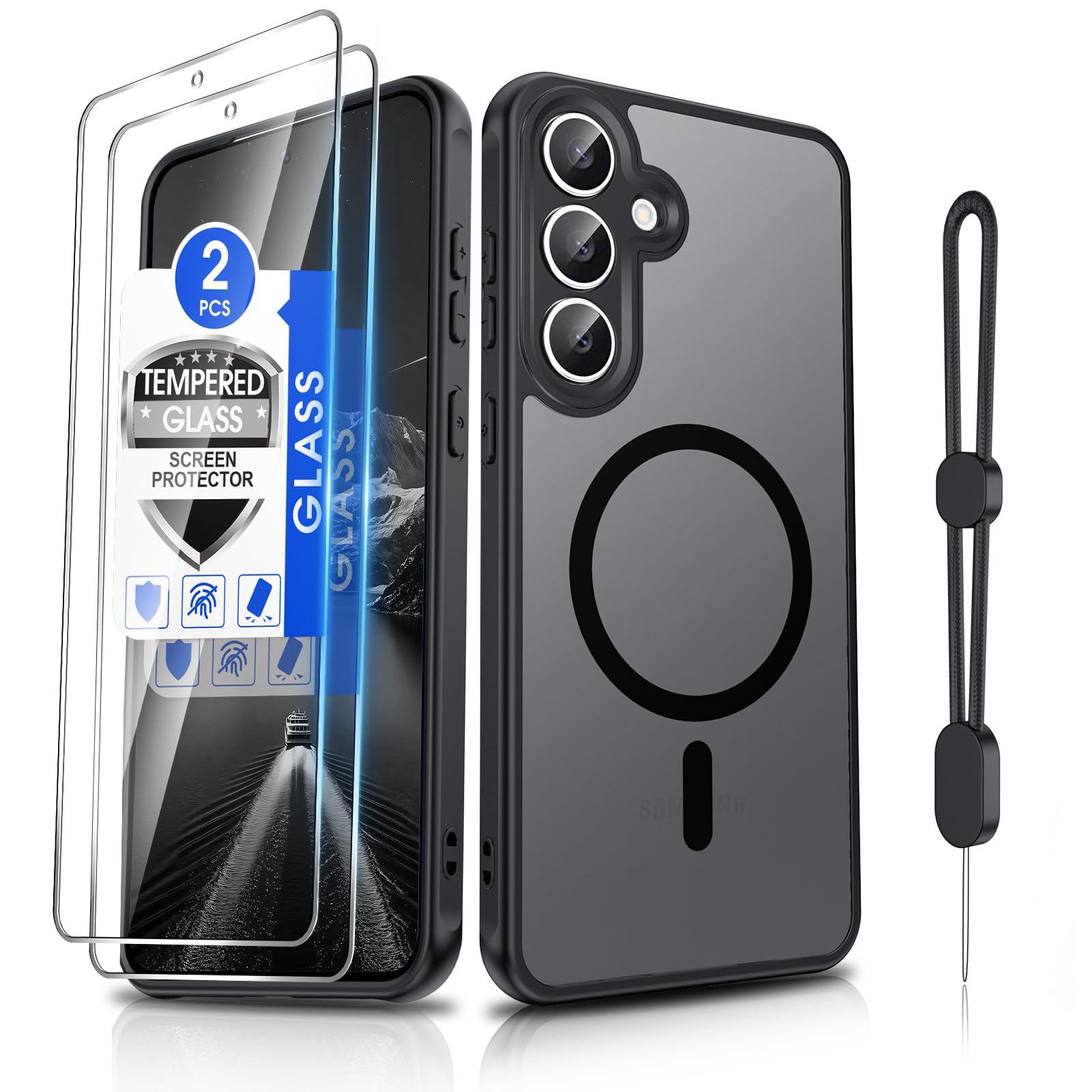 Dizn Magnetic for Samsung Galaxy S25 FE Phone Case,with 2Tempered Glass Screen Protector,Compatible with MagSafe,with Strap,Matte Translucent &amp; Military Grade Shockproof Protective S25FE,Black