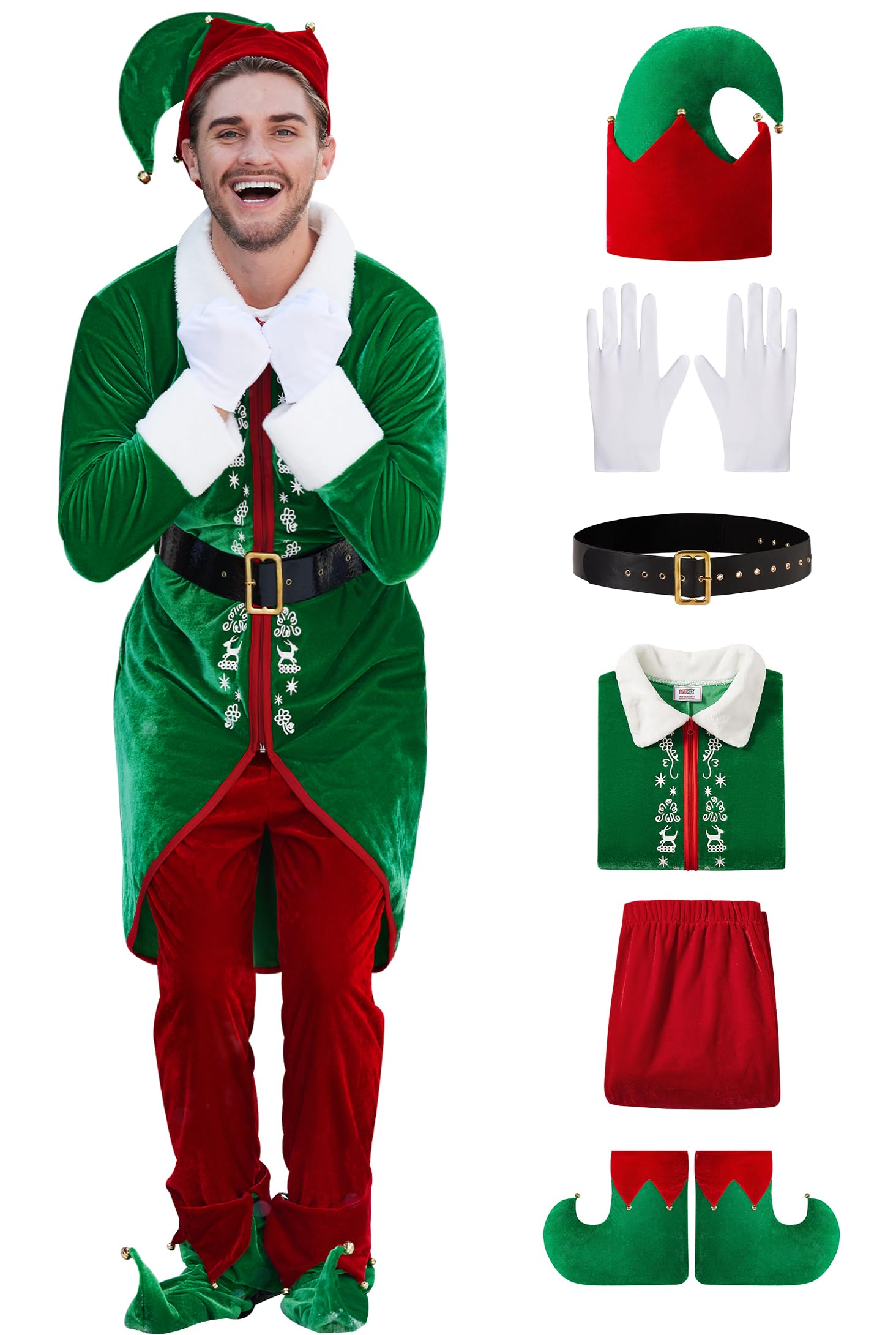Mainfini Man Christmas Funny Costume Santa Helper Playful Full Set XXL, Green Cartoon 6 Pcs