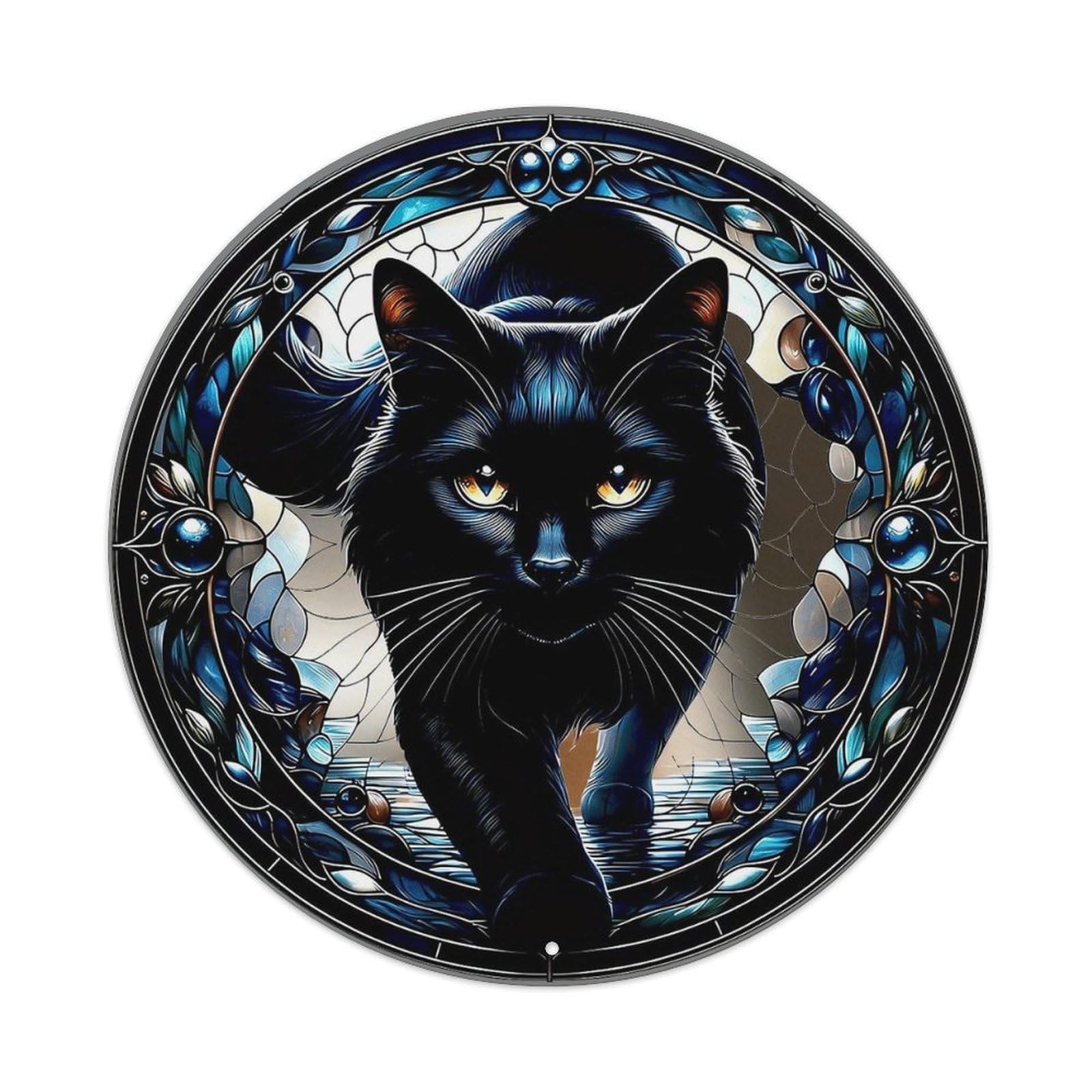 Black Cat Stained Glass Art Metal Tin Sign Plaque