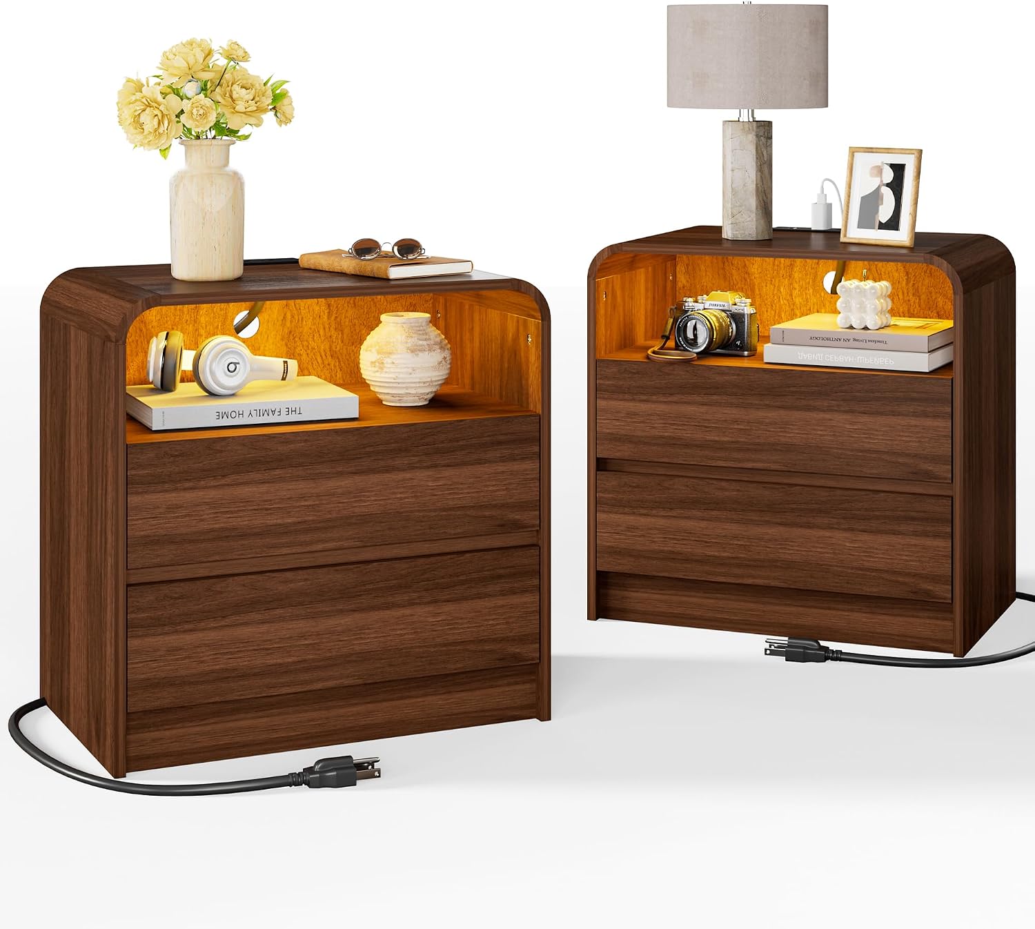 23"W 2 Drawer Nightstand Set 2 with Charging & RGB Light, Walnut
