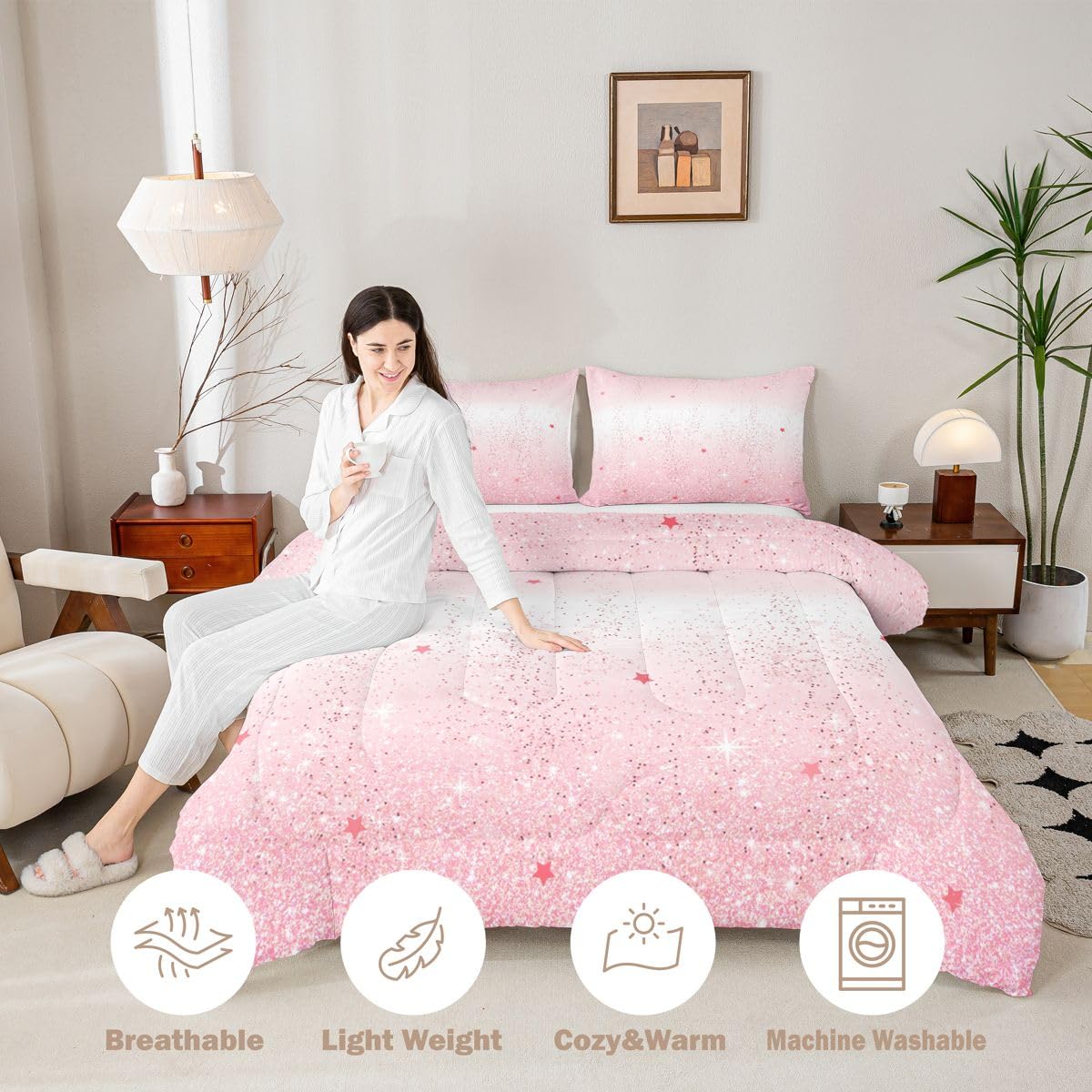 Homewish Jasnoróżowy zestaw pojedynczej kołdry – zestaw pościeli z brokatem księżniczki w gwiazdki – urocza dziewczęca kołdra bez pokrowca