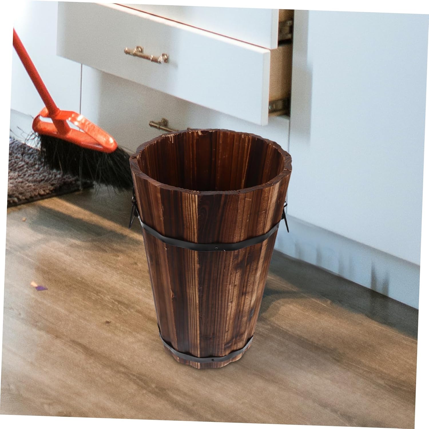 Alipis Wooden Trash Can for Bathroom and Home Office Stylish Round Waste Basket with Handle Natural Storage Bin for Easy Waste Disposal and Organization