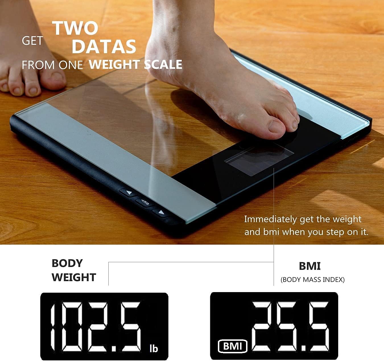 CAMRY Digital Bathroom Scale showing body weight and BMI readings