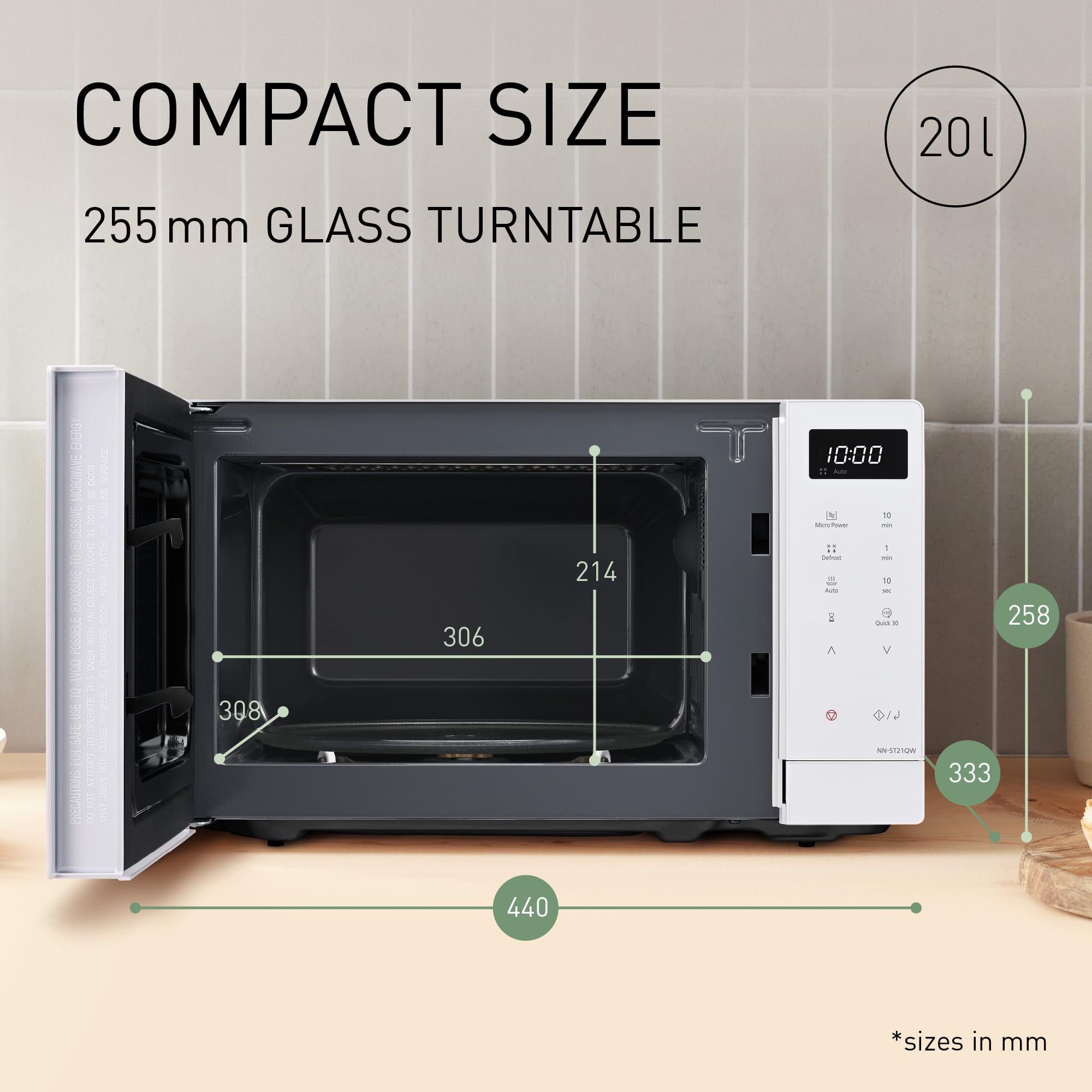 Panasonic NN-ST21QWEPG Solo Forno a Microonde 20L con Piatto in Vetro, 800W, Scongelamento Automatico, 11 Programmi Automatici, Display LED, 5 Impostazioni di Potenza, Timer Digitale, Bianco